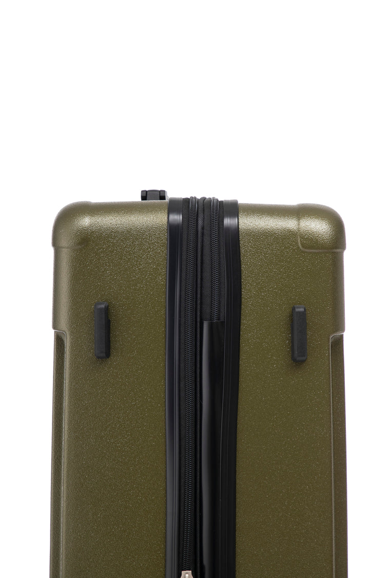 Green suitcase with black handle on a white background
