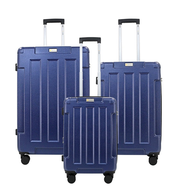 Set of three blue suitcases with wheels on a white background