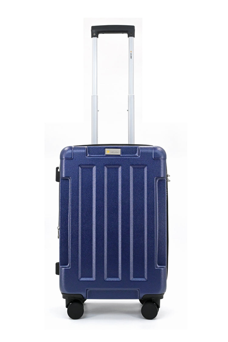 Blue suitcase with a white background