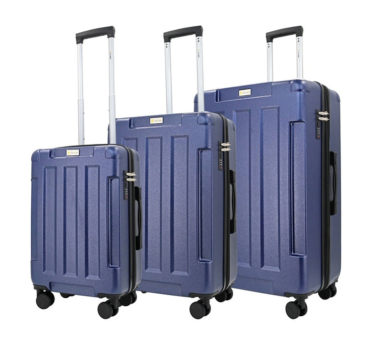 Three blue suitcases of different sizes on a white background