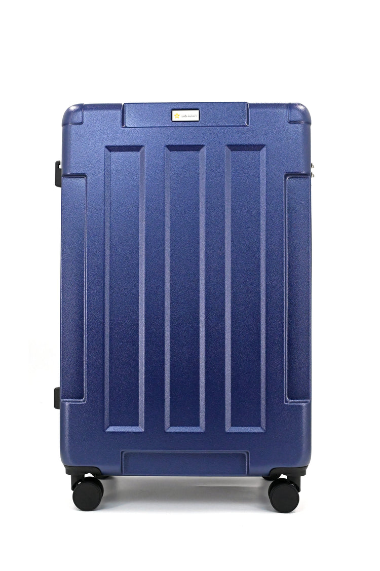 Blue suitcase with a textured surface on a white background