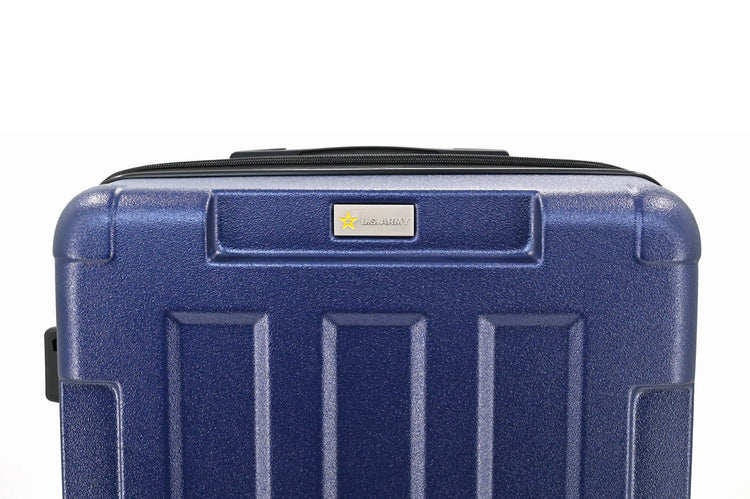Blue suitcase with a visible brand logo on a white background