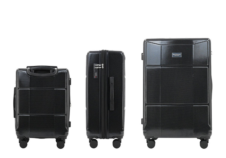 Three black suitcases of different sizes on a white background