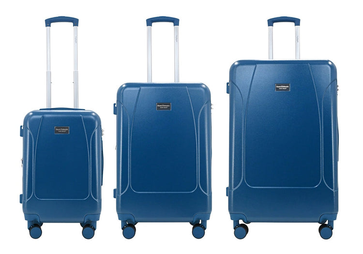 Three blue suitcases of different sizes on a white background