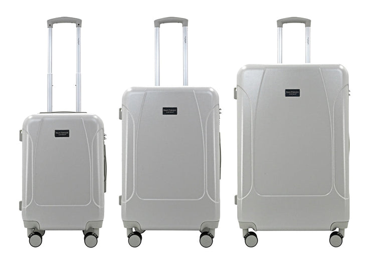 Three gray suitcases of different sizes on a white background