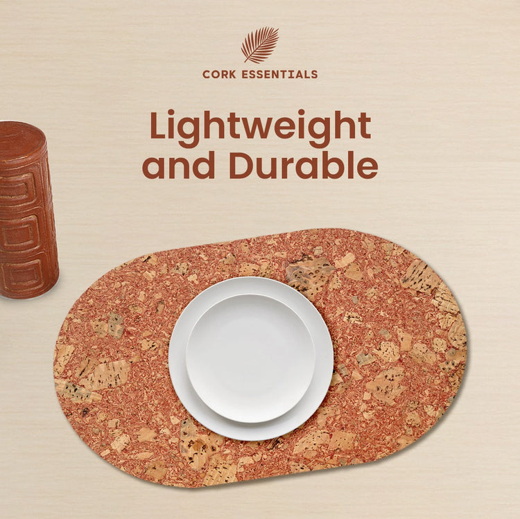 Cork placemat with a white plate on a beige background, featuring Cork Essentials branding.