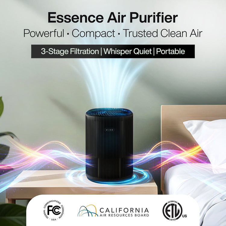 Advertisement for Essence Air Purifier with features listed on a bedroom background