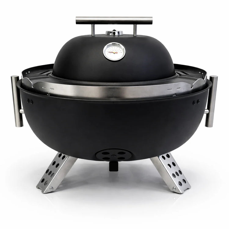 Black charcoal grill with a thermometer on a white background