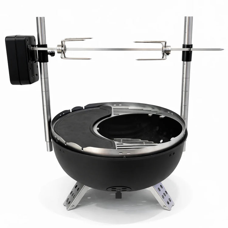 Black barbecue grill with rotisserie system on a white background
