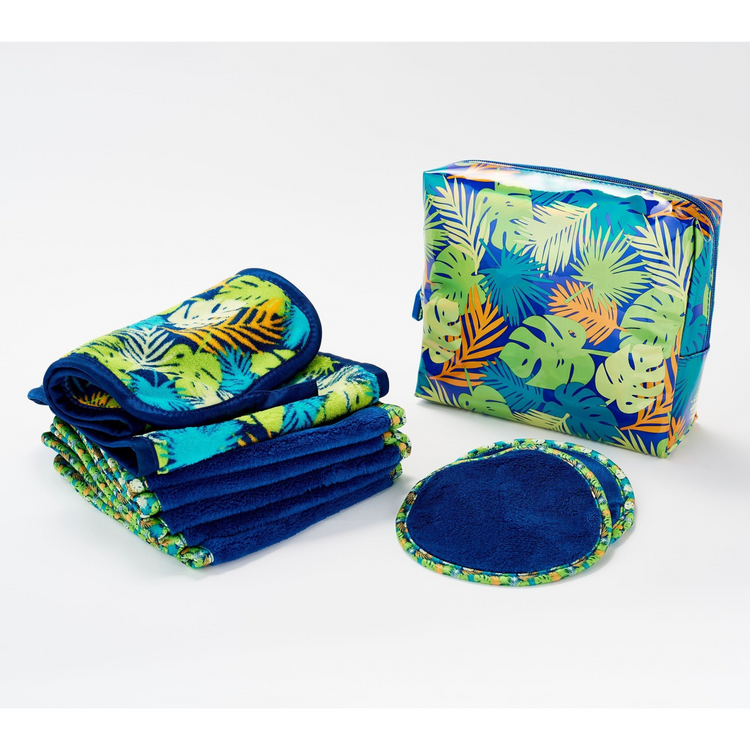 A set of nine makeup remover towels with a geometric pattern, displayed alongside a matching cosmetic bag, all in shades of pink and blue.