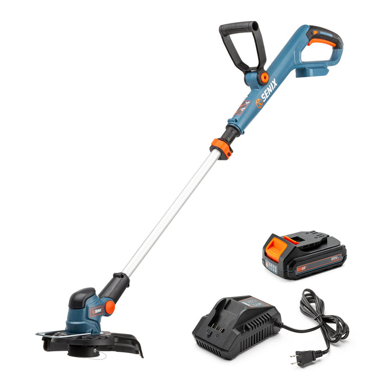Senco string trimmer with battery and charger on a white background
