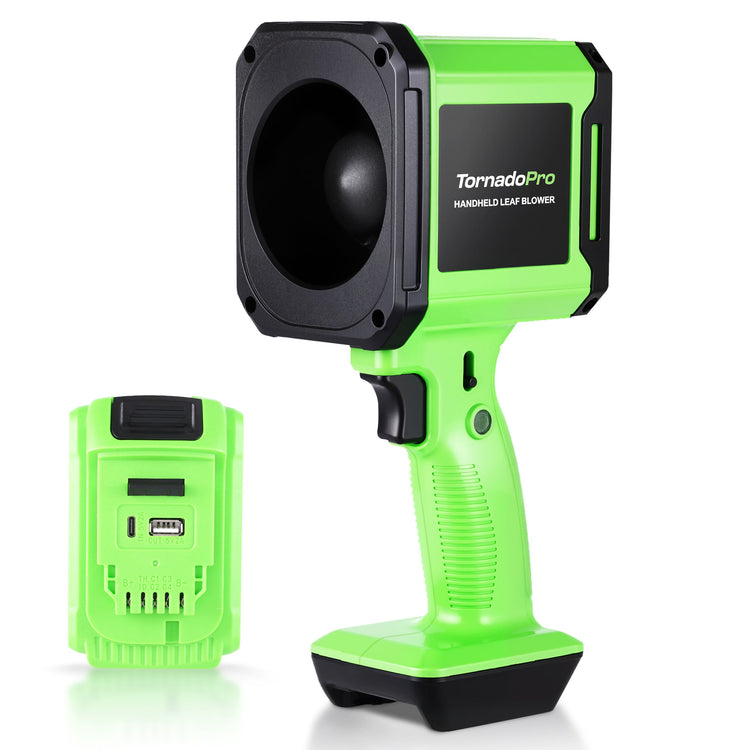 Green handheld leaf blower with black accents on a white background