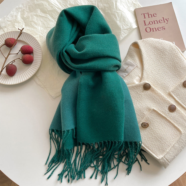 A green reversible pashmina scarf with fringe detailing, displayed on a white surface next to a beige coat and a pretzel.