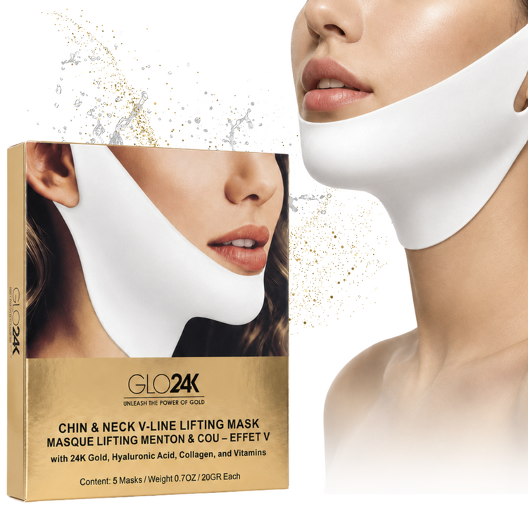 GLO24K Chin & Neck V-Line Lifting Mask shown with its gold and white retail box on the left, and a close-up of a model wearing the white mask on the right against a white background with subtle gold sparkles.