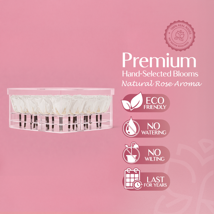 Product packaging with white flowers on a pink background, featuring text and icons about eco-friendliness.
