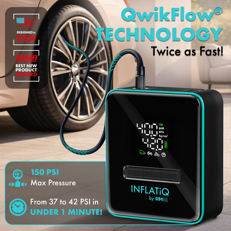 InflatIQ tire inflator with digital display next to a car tire, featuring QwikFlow technology.