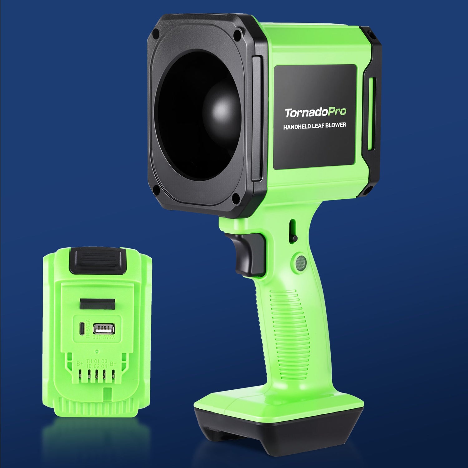 Green handheld leaf blower with battery pack on a blue background