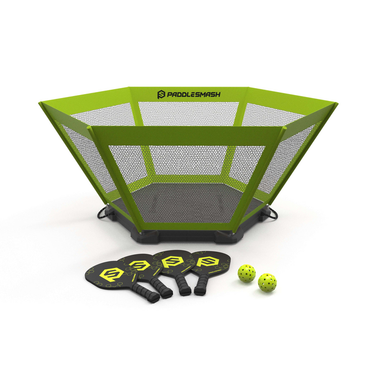 A portable PaddleSmash set featuring a green court with a foldable net, four black paddles with yellow details, and two yellow pickleballs.