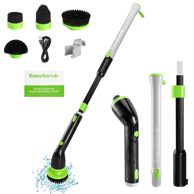 An electric spin scrubber by EasyScrub with various detachable brush heads and an adjustable extension handle. The product is displayed with components separated, showing the scrubber in black with green accents and water splashing around the brush area.