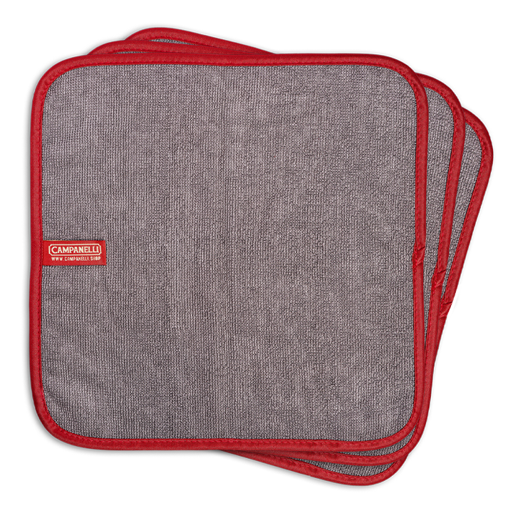 Two gray pot holders with red edges and a Campanelli logo on a white background