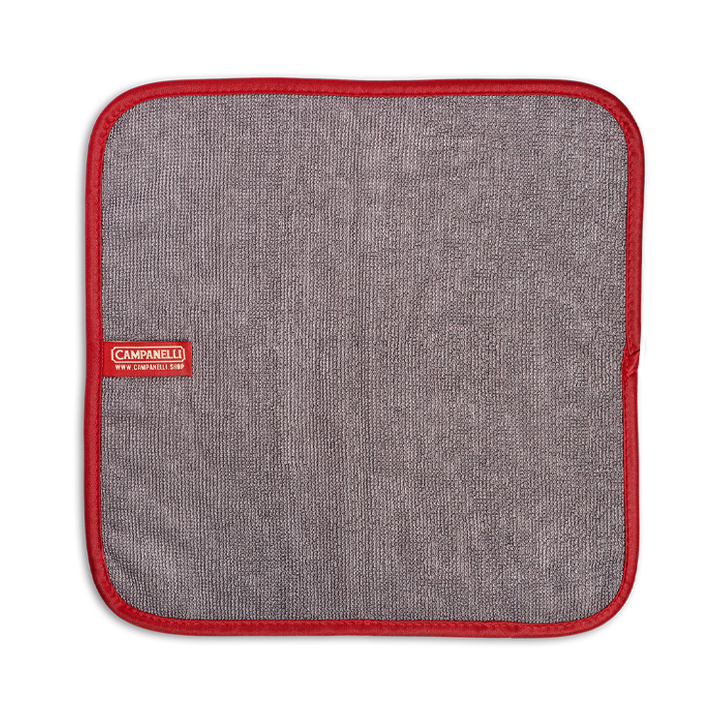 Gray pot holder with red border and Campenell logo on a white background