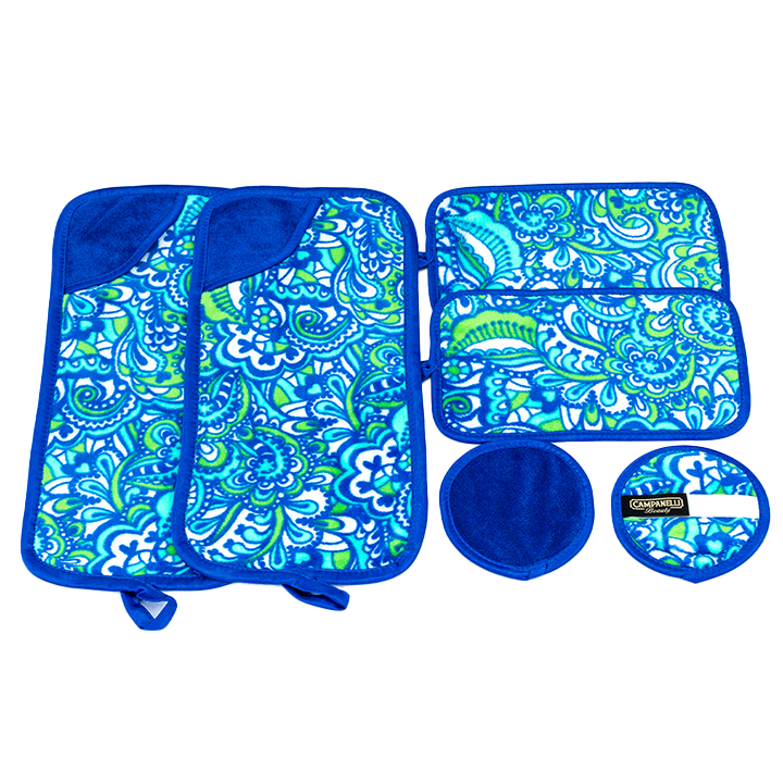 A set of blue microfiber makeup remover towels with a paisley pattern, displayed with a small circular product possibly a washcloth or pad included in the set.