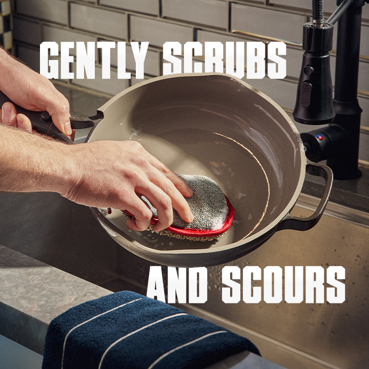 Person scrubbing a pan with a sponge in a kitchen sink, with text 'Gently scrubs and scours'.