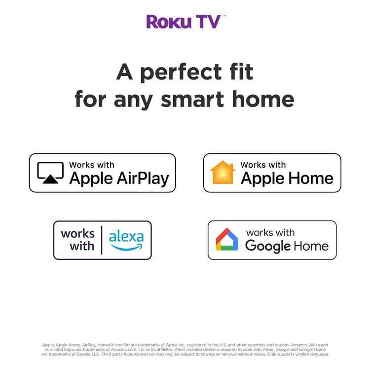 Roku TV advertisement with compatibility icons for Apple AirPlay, Apple Home, Alexa, and Google Home on a white background.