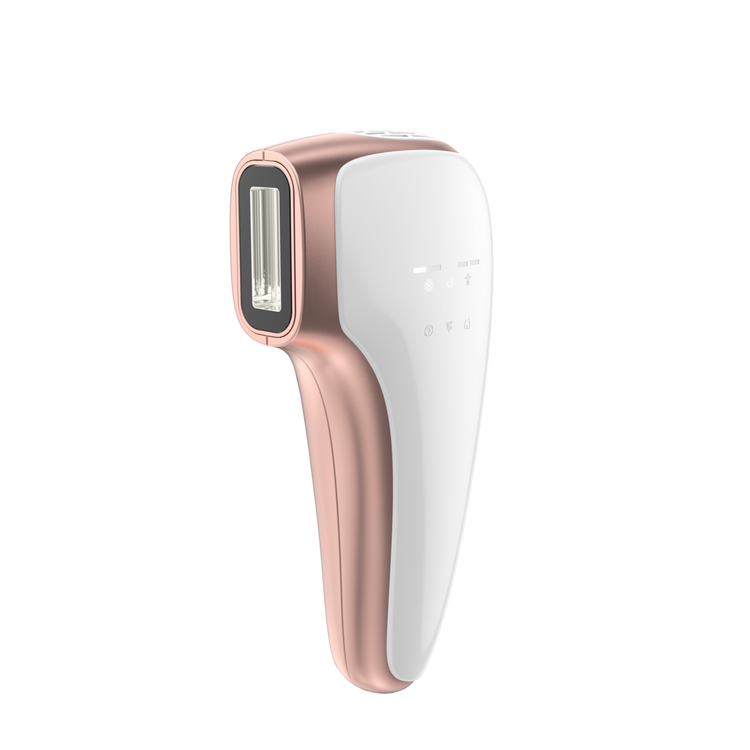 White and rose gold handheld device on a white background