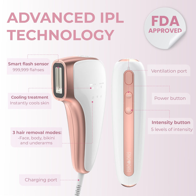 IPL hair removal device with features highlighted on a pink background