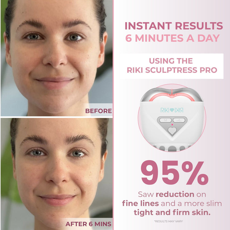 Before and after comparison of a woman's face using Riki Sculptress Pro device with text about instant results.