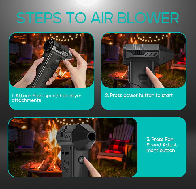 Instructions for using an air blower with images of hands attaching attachments and operating the device.