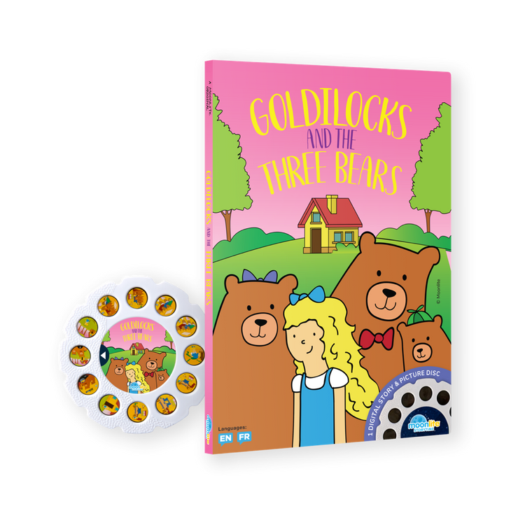 Children's book titled 'Goldilocks and the Three Bears' with a picture disc on a white background