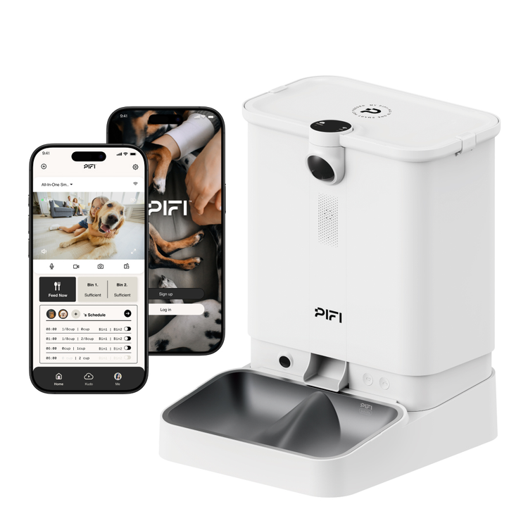 White pet feeder with smartphone displaying the PIFI app on a white background