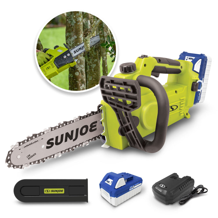 Sun Joe chainsaw with battery and charger on a white background