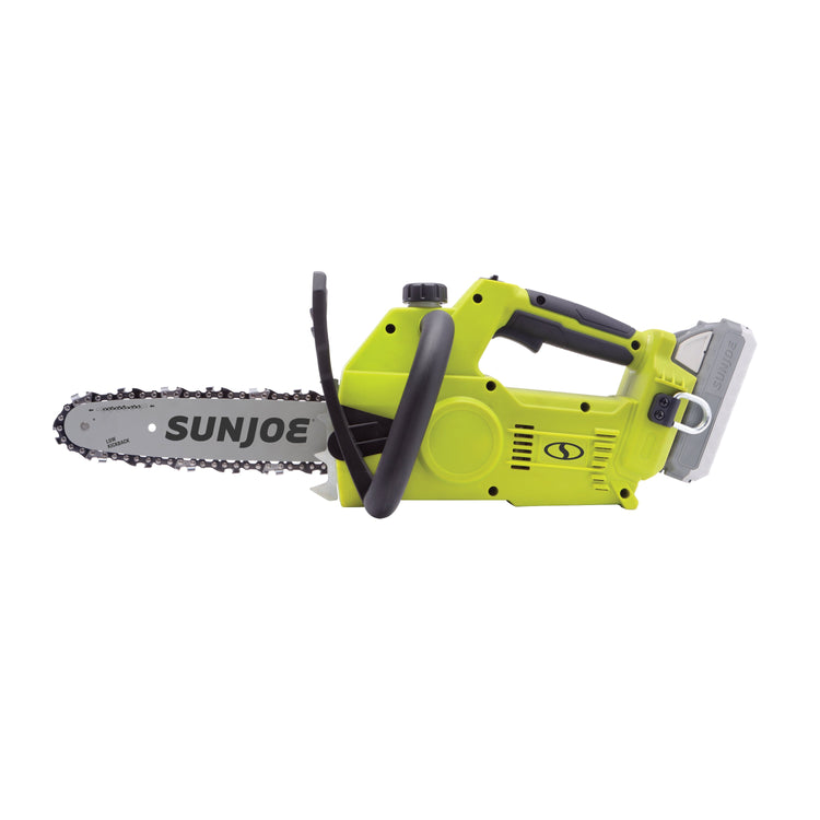 Green chainsaw with 'Sun Joe' branding on a white background