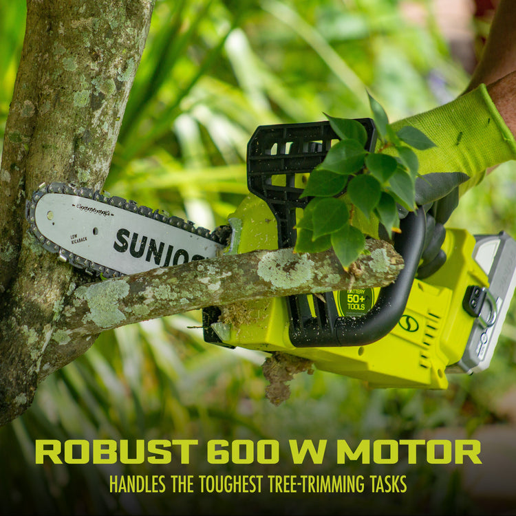 Tree trimmer cutting a branch with 'Sun Joe' branding, surrounded by greenery.