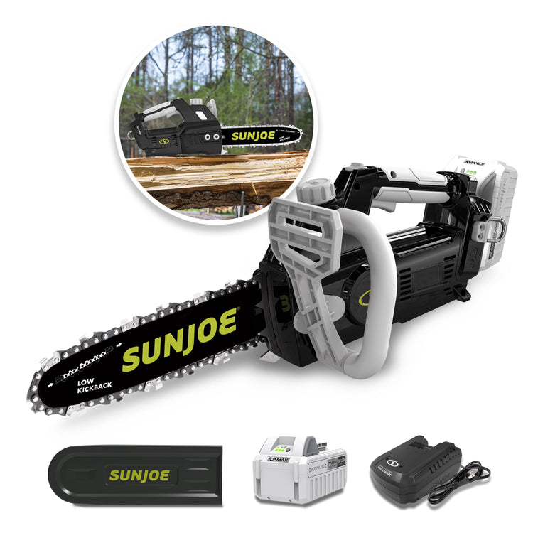 Sun Joe chainsaw with accessories on a white background
