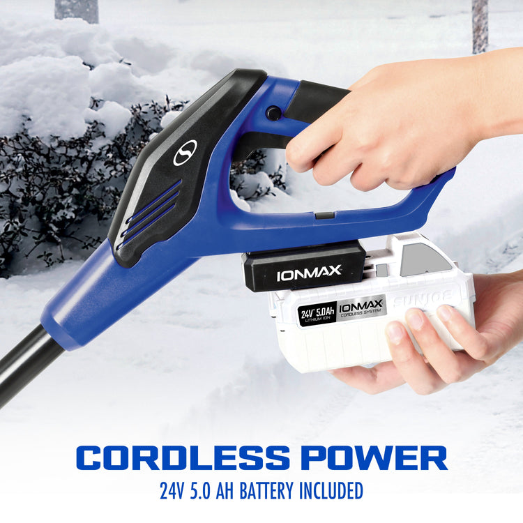 IONMAX snow blower being used to clear snow with 'CORDLESS POWER' text displayed.