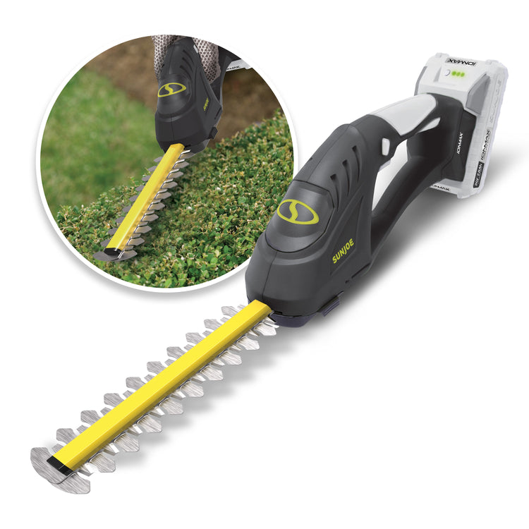 Sungoo hedge trimmer with close-up of use on grass