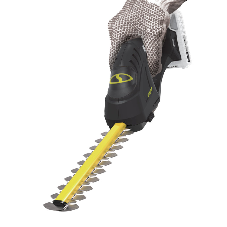 Hedge trimmer with yellow blade and black handle on a white background