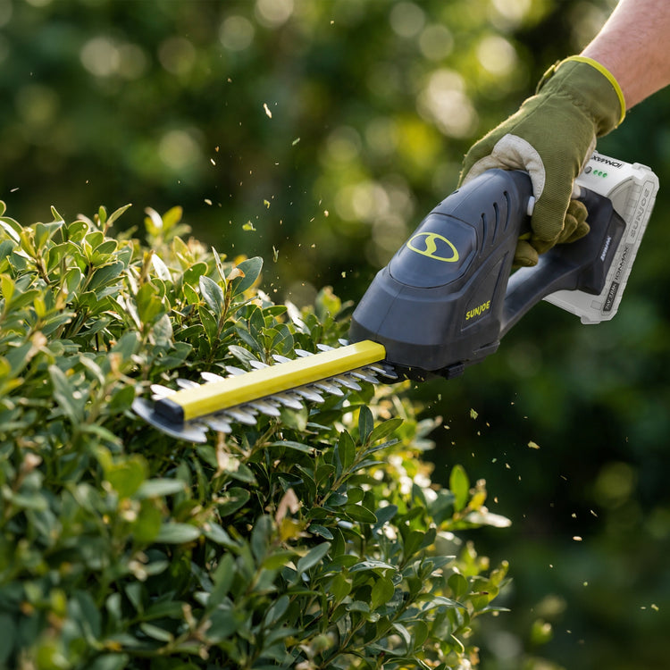 Person using a hedge trimmer on a bush with a blurred green background