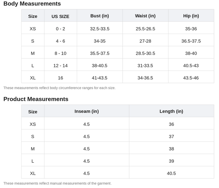 Size chart for clothing with body measurements and product dimensions.