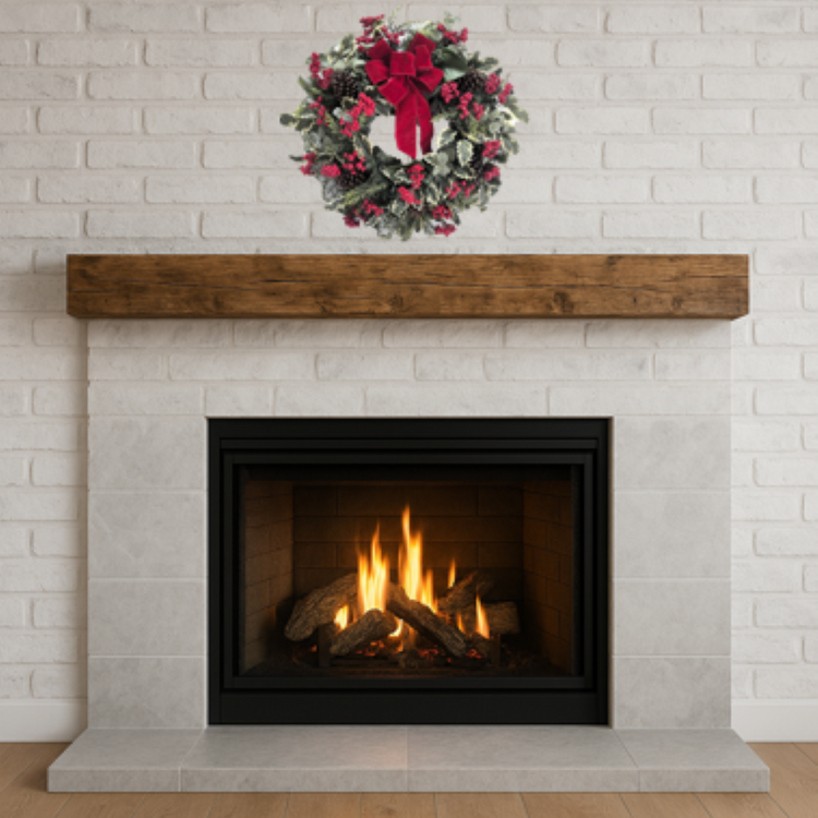 Fireplace with a wooden mantel and Christmas wreath on a white brick wall.
