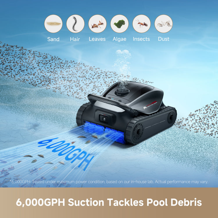 Robotic pool cleaner with text '6,000GPH Suction Tackles Pool Debris' on a blue background