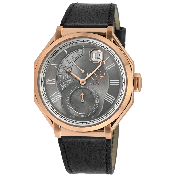 A GV2 Men's Marchese Swiss Quartz Watch with an octagon case, a blue dial, and a brown leather strap.