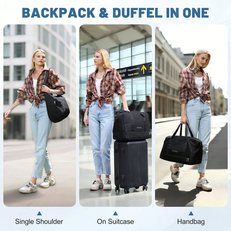 Woman using a multifunctional backpack and duffel bag in various scenarios.