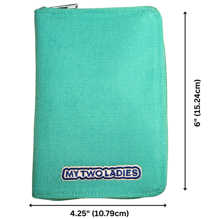 Teal pouch with 'MY TWOLADIES' branding and measurements on a white background