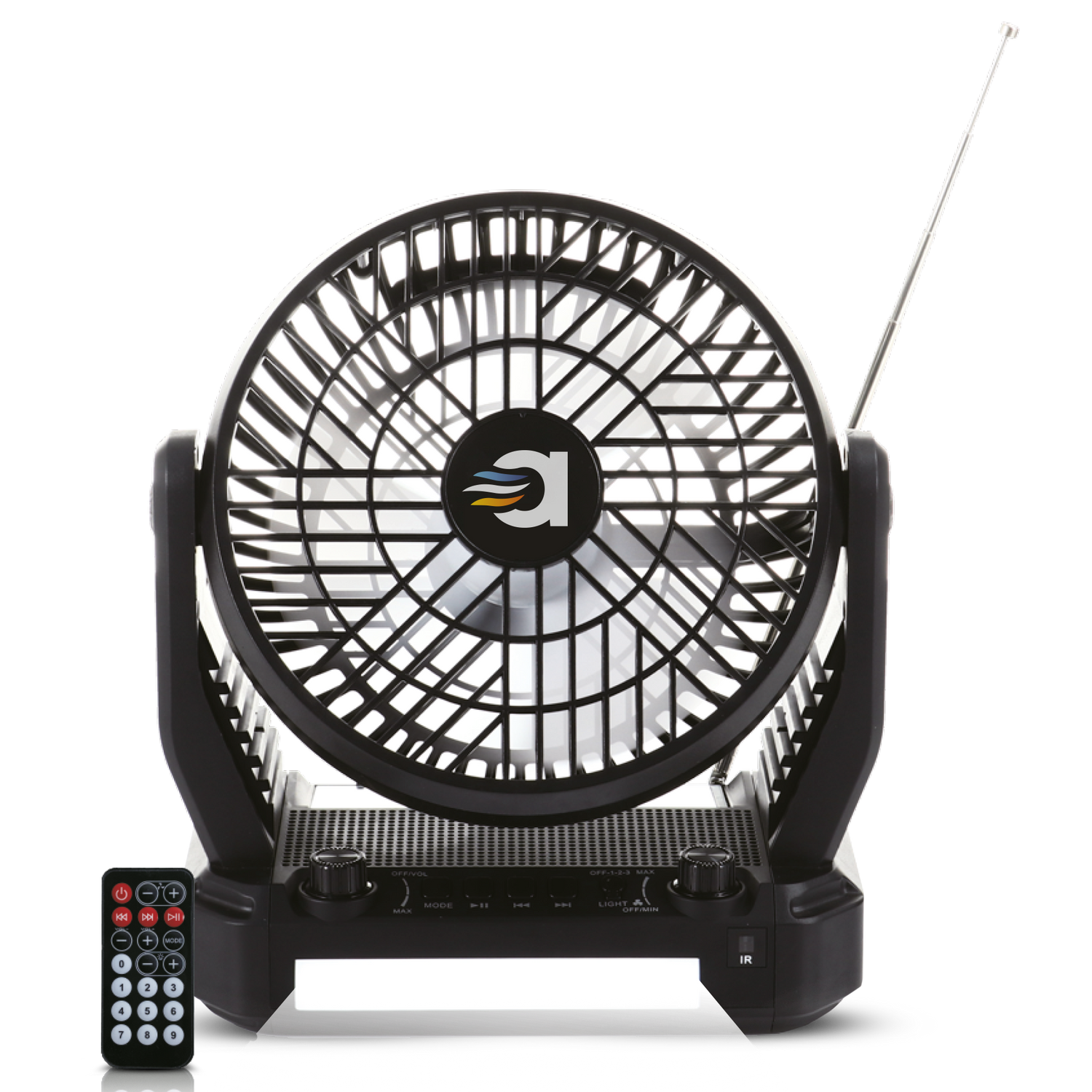 Black portable fan with remote control on a white background