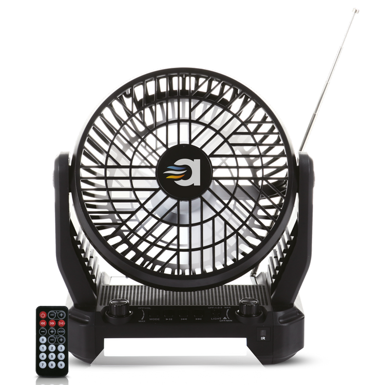 Black portable fan with remote control on a white background